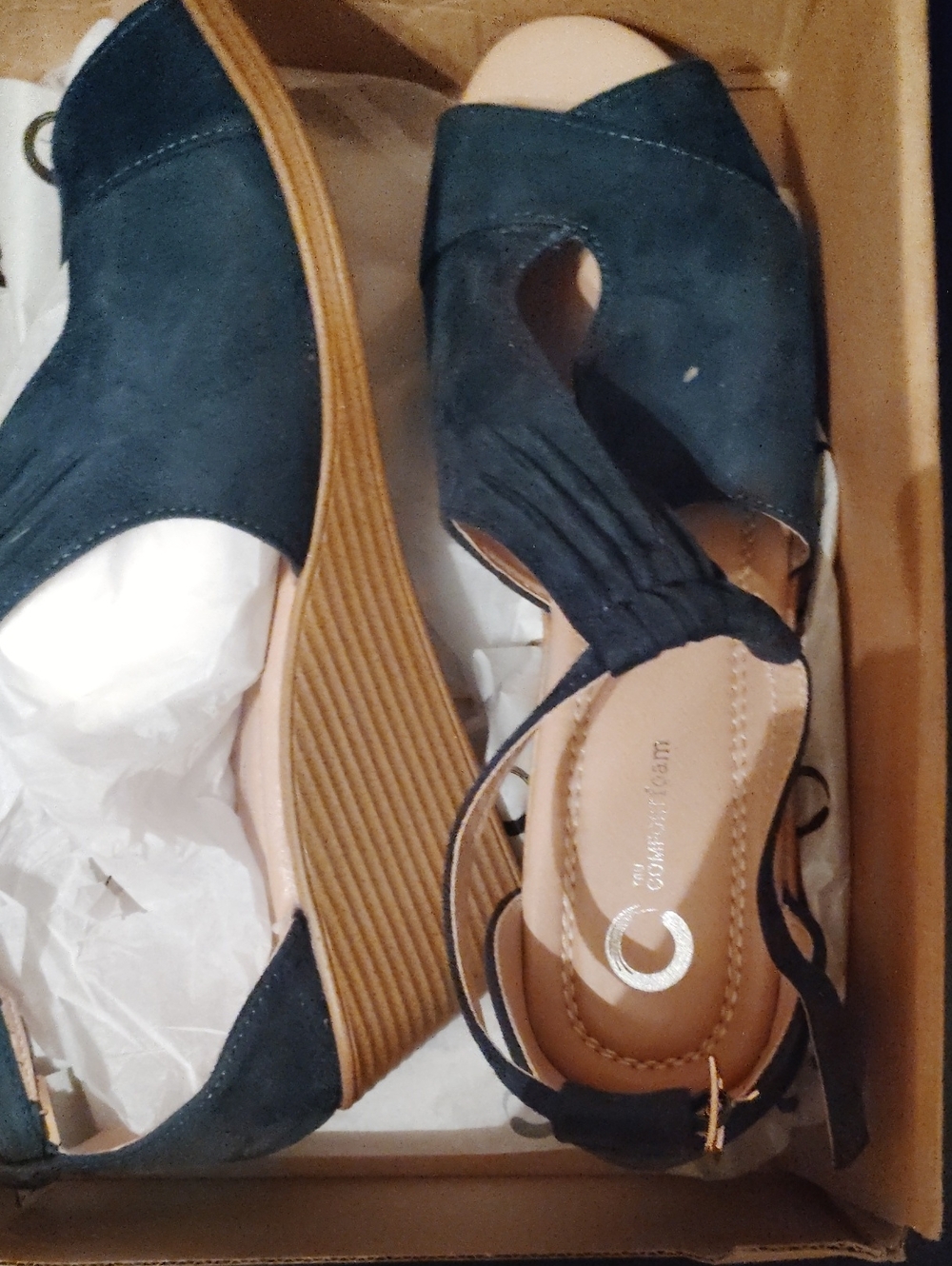 Women's Open-Toe Wedge Sandals in Dark Teal - Cushioned Ankle Strap